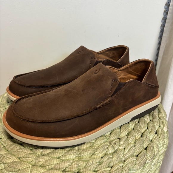 OluKai Kalia Slip-On Brown Dark Wood Leather Drop Hell Men’s Loafers Size 11 main image 6